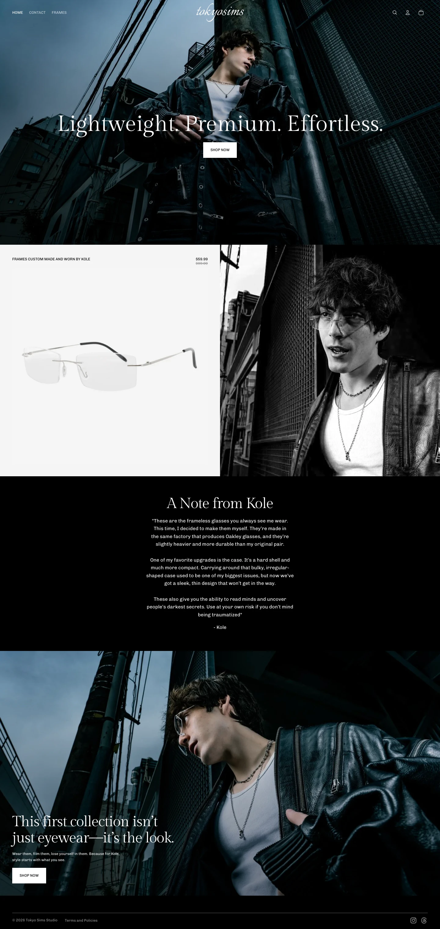 Full landing page of the Tokyo Sims Studio Shopify store, featuring eyewear photography, product details, and a note from Kole
