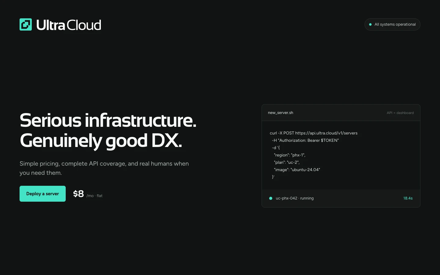 Ultra Cloud marketing concept showing the brand, simple pricing, and API-based server deployment
